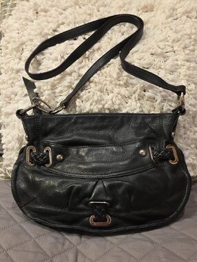 b. makowsky Black Pebbled Leather Braided-Trim Crossbody Bag